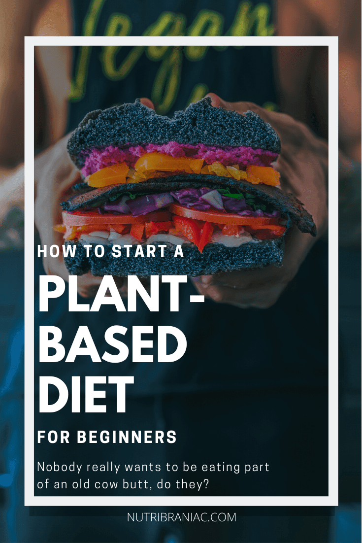 Graphic image of a man wearing a vegan shirt holding a plant-based burger with text overlay, "HOW TO START A PLANT-BASED DIET FOR BEGINNERS"