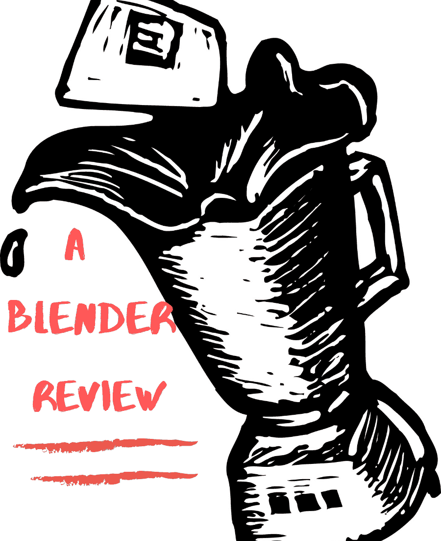 Black and white vector image of a blender with words A Blender Review in red