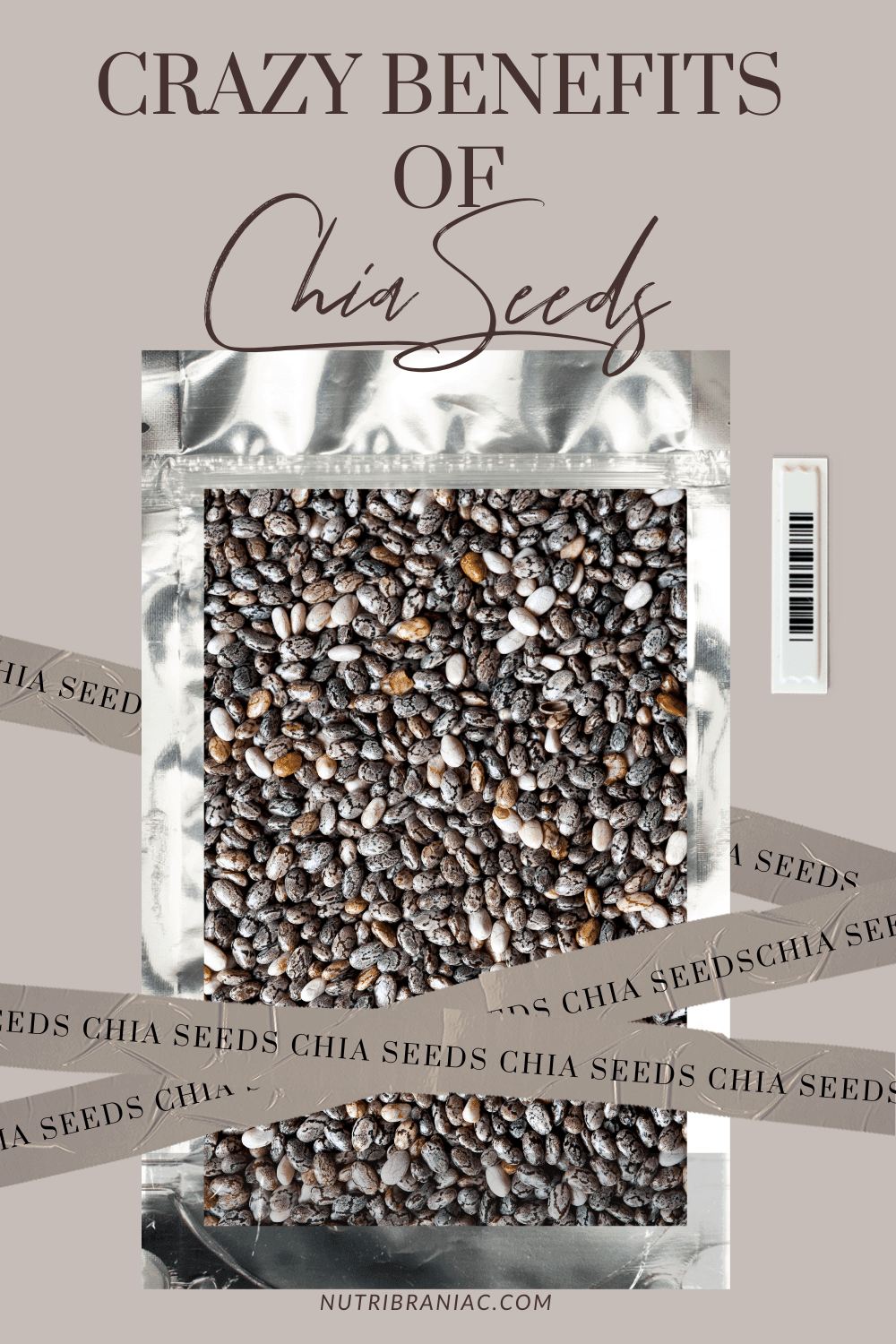 Graphic image of a package of chia seeds with text overlay "Benefits of Chia Seeds"