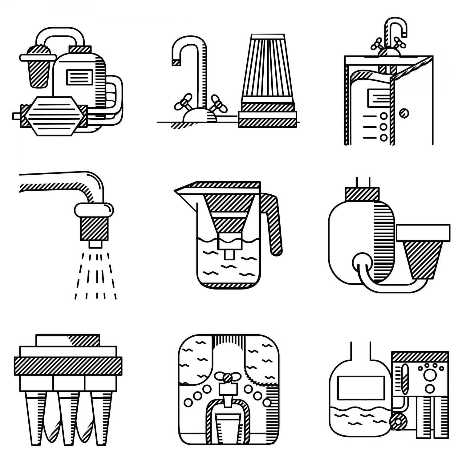 Black and white vector of various types of water filters