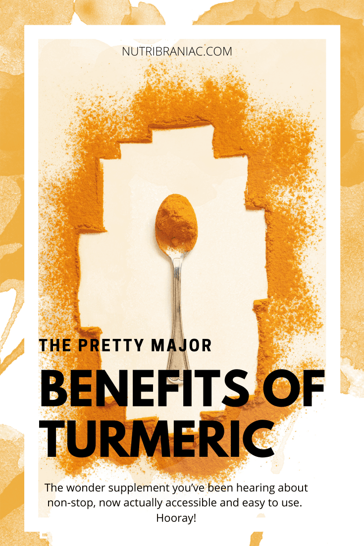 Graphic image of turmeric powder on a spoon with graphic overlay "The Pretty Major Benefits of Turmeric"