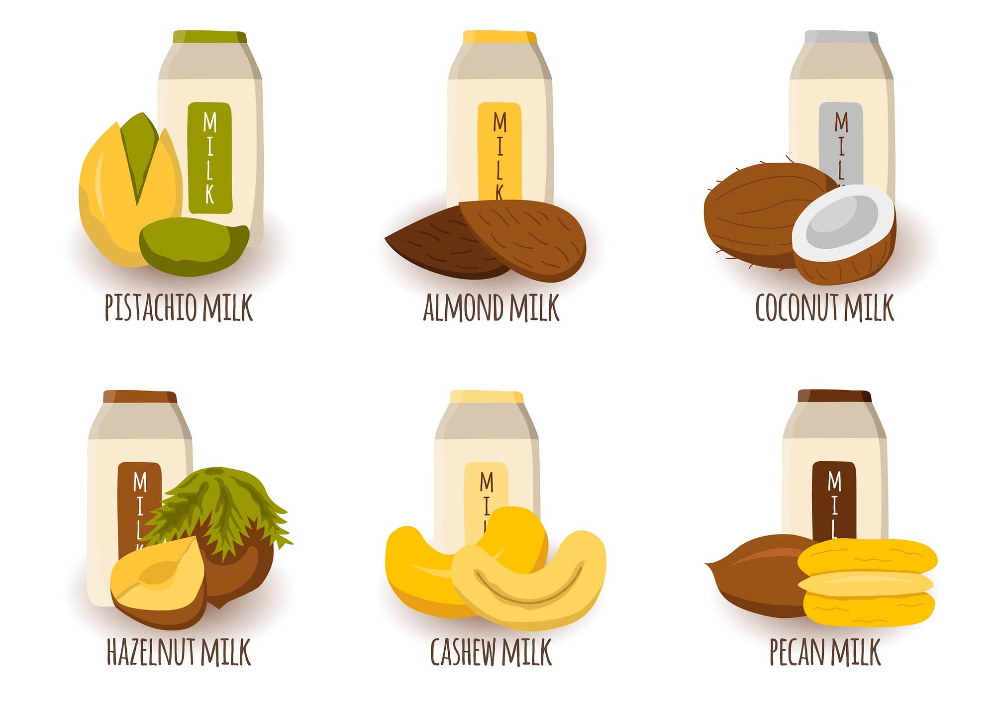 Different types of vegetable milk from nuts and seeds