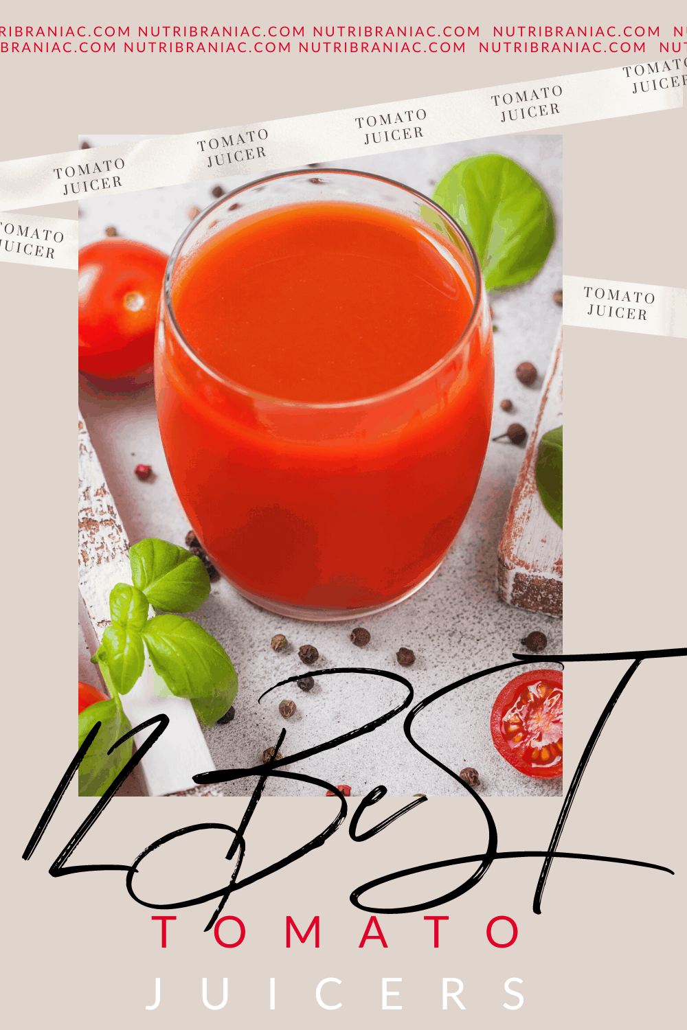 Graphic image of a glass of a tomato juice with text overlay "12 Best Tomato Juicers"