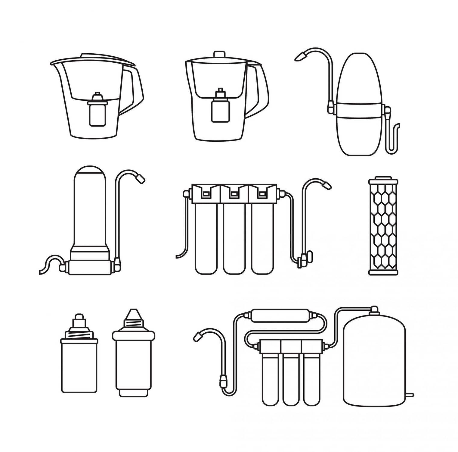 Black and white water filter icons