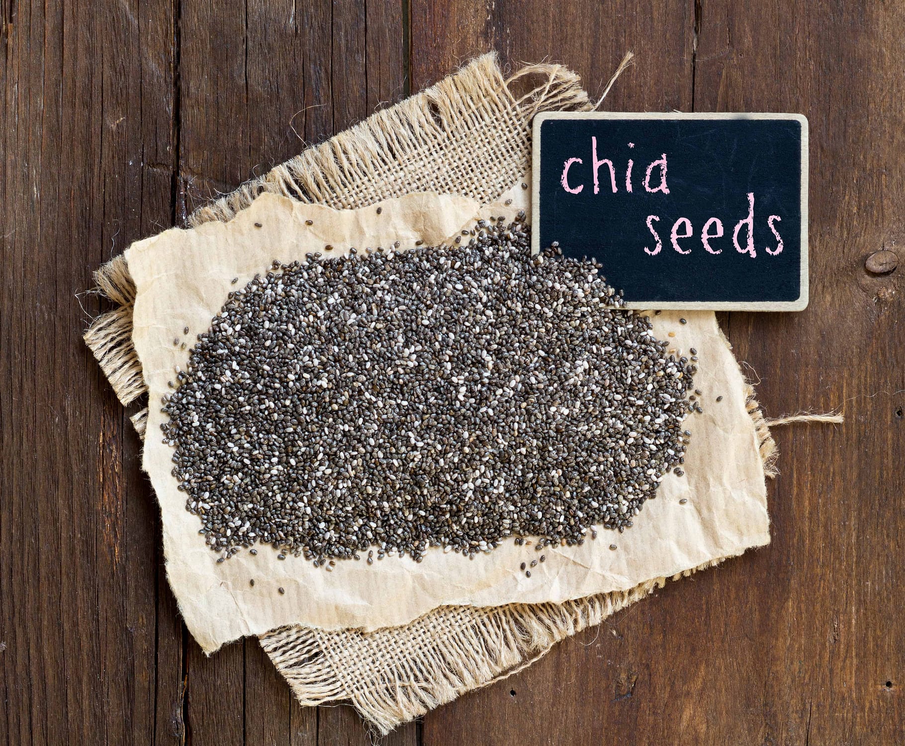 Chia seeds with small chalkboard 