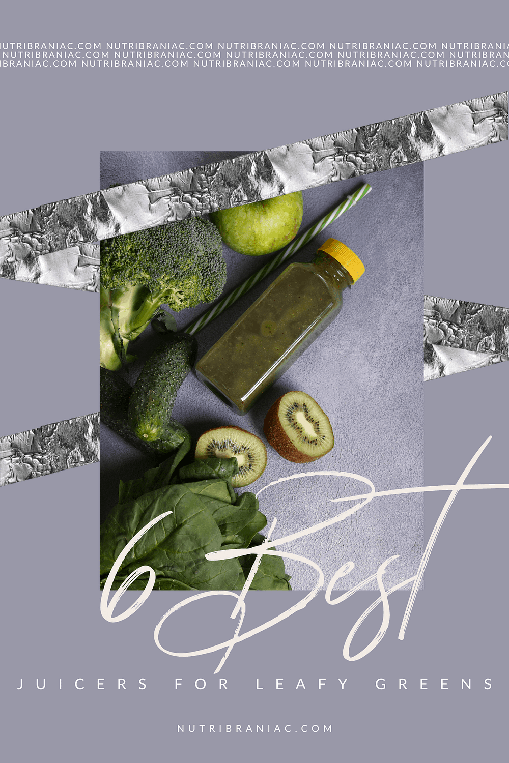 Green juice on a cement table next to green vegetables with words "6 Best Juicers for Leafy Greens"
