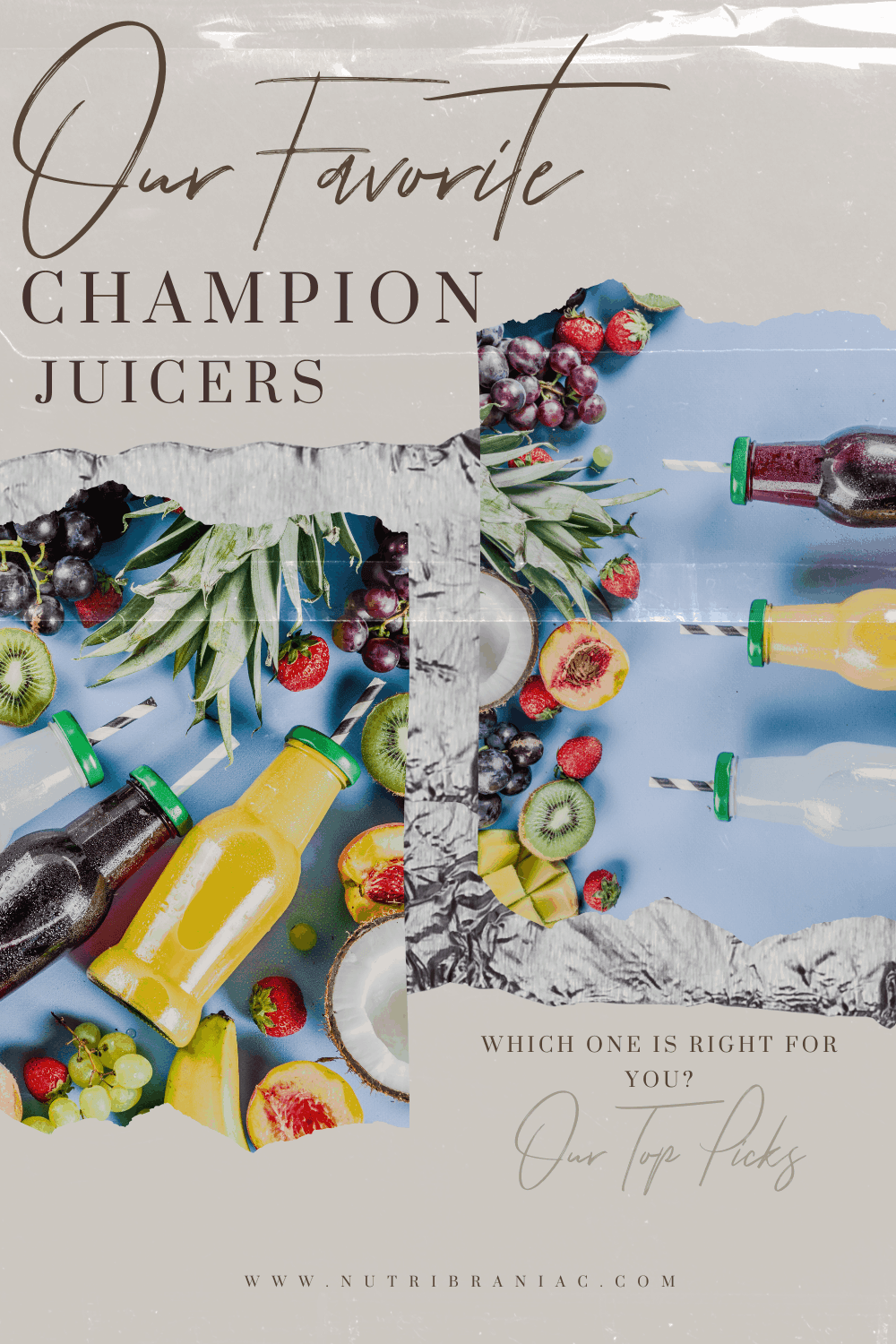 Image of fruit juices surround by tropic fruit with text overlay "Our Favorite Champion Juicers" 