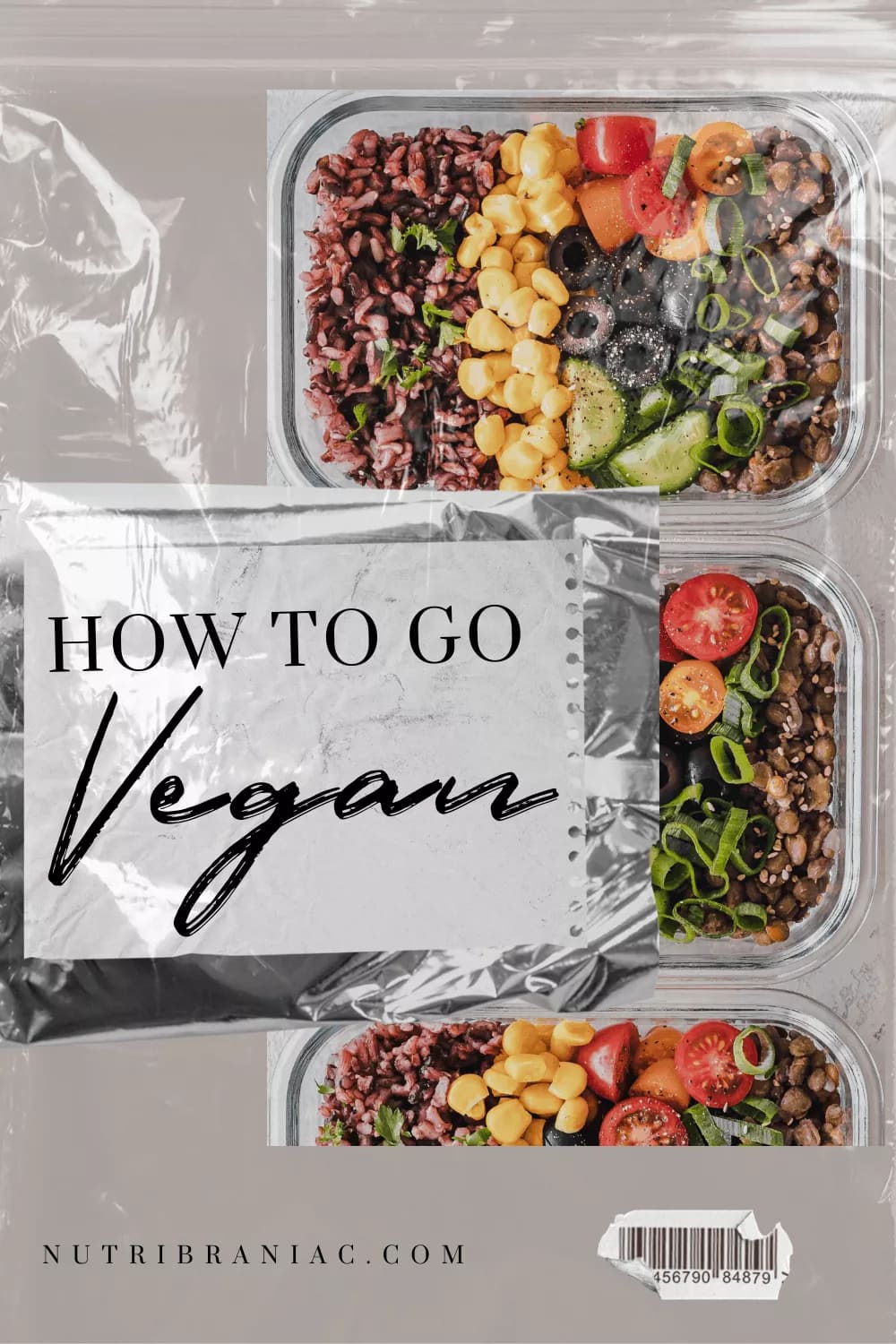 image of plant-based meal prep, 3 glass containers of quinoa salad, with text overlay, "How To Go Vegan"