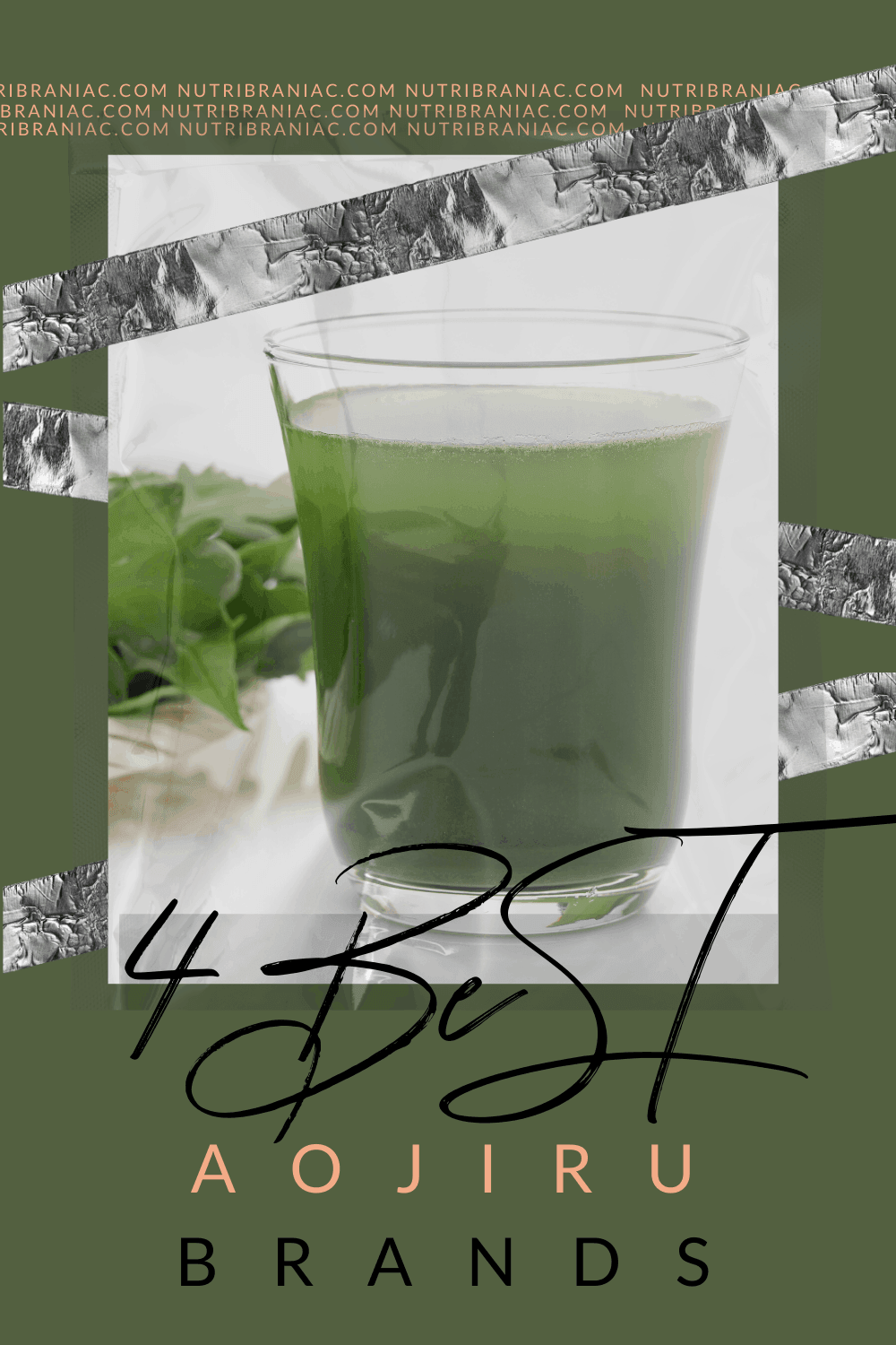 Graphic image of a glass of aojiru juice with text overlay "4 Best Aojiru Brands"