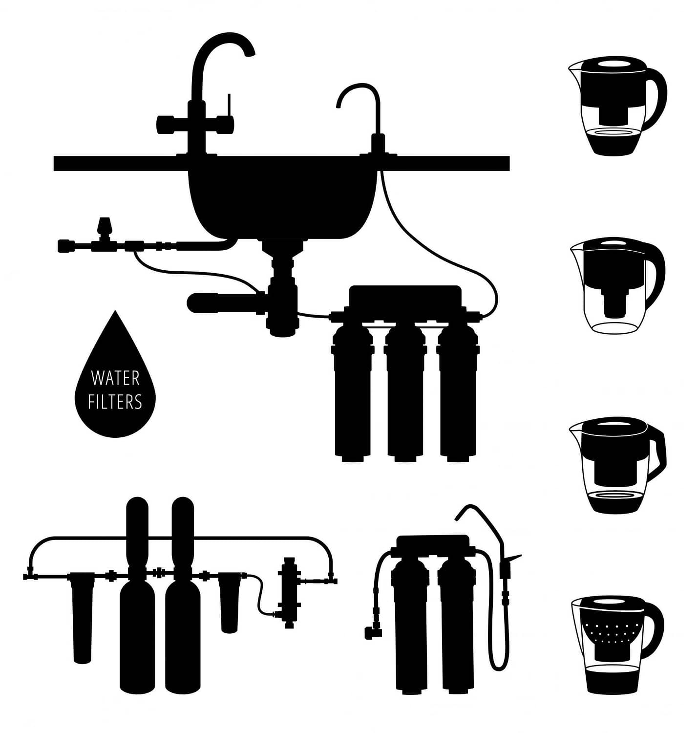 Various types of water filters black silhouette