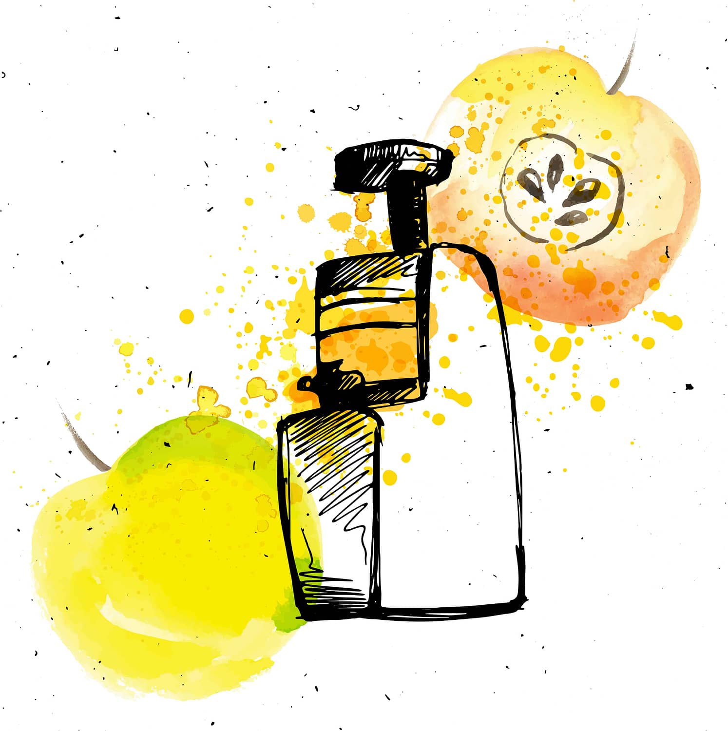 Masticating Juicer with apple. Apple juice with juicer and splashes, sketch hand draw illustration with watercolor elements