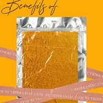 Image of a package of turmeric powder with words "Surprising Benefits of Turmeric"