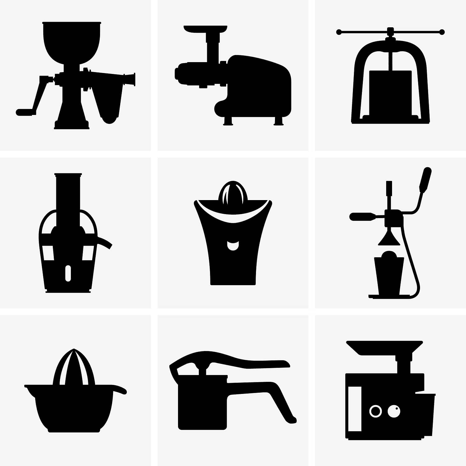 Black and white image of various juicers