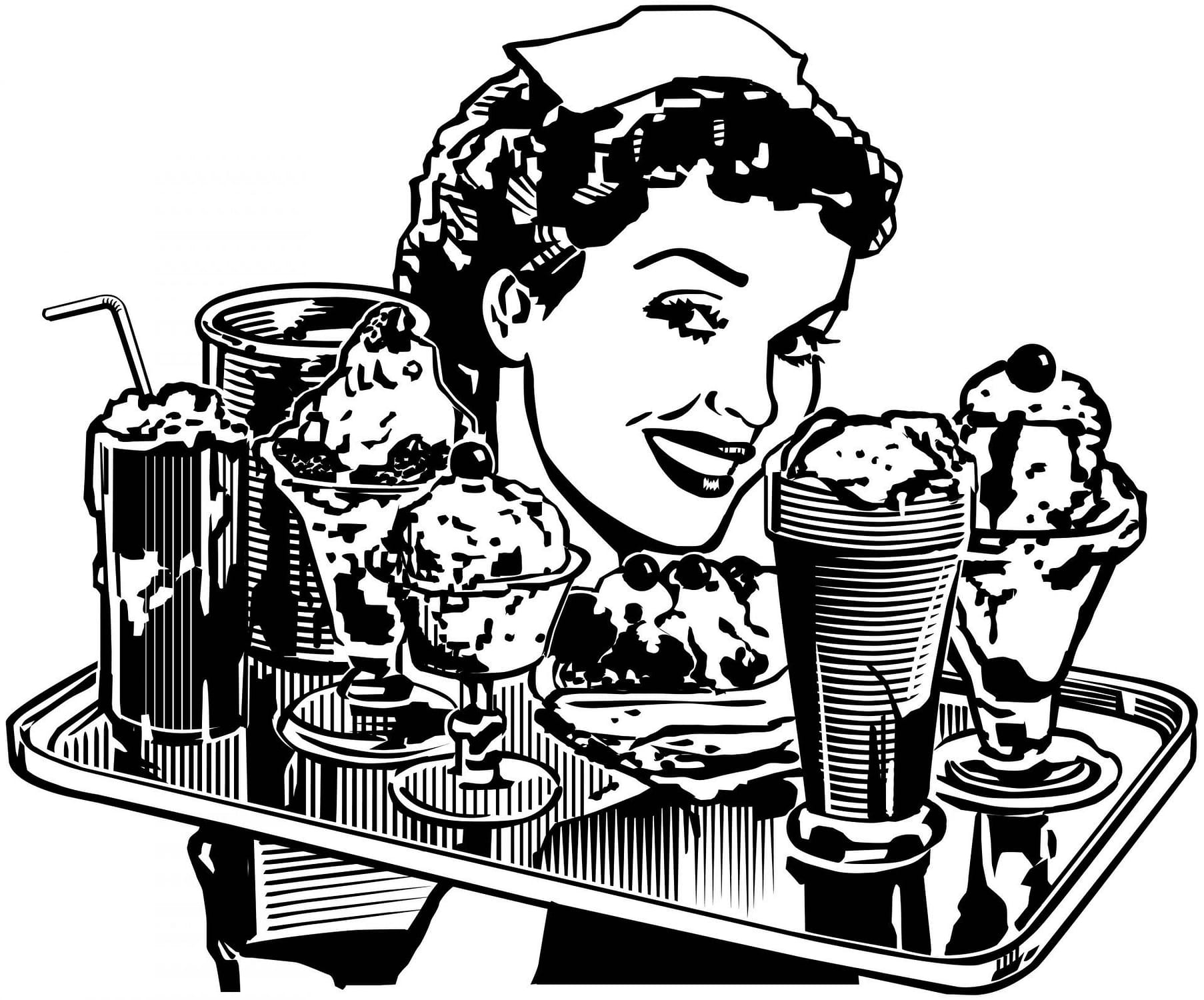 Retro diner waitress with a tray of milkshakes vector