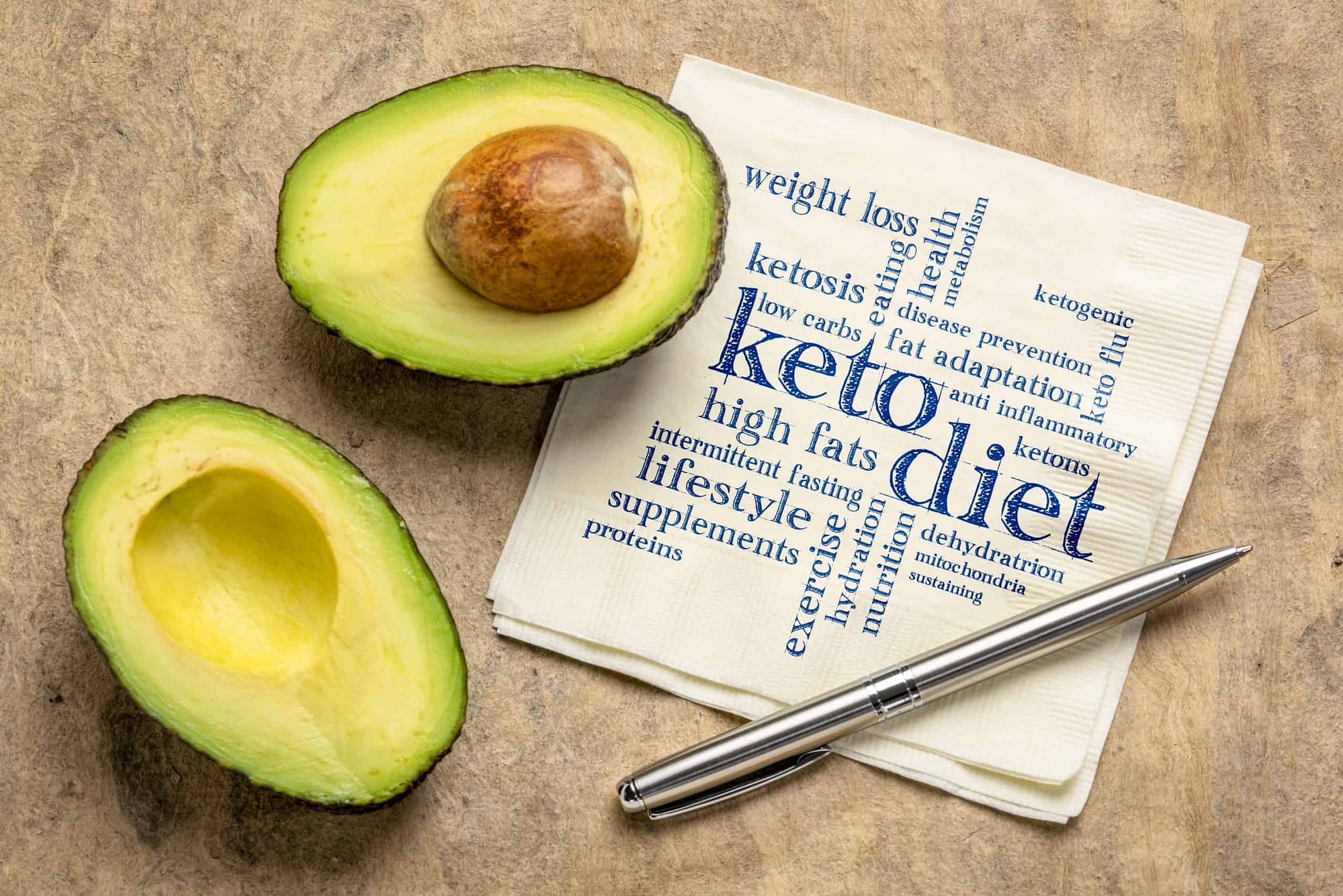 keto diet word cloud on napkin with a cut avocado on a table