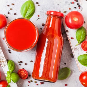 Bottle of fresh organic tomato juice with fresh tomatoes basil and pepper on a stone table