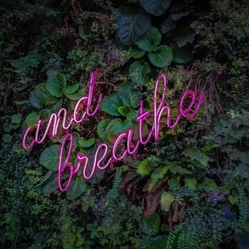 image of a pink neon sign with words: "and breathe" against a garden background